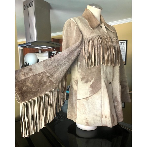 Vintage Jean Sebastian Tan Fringe Suede Cowhide Dye Jacket 60s 70s 11 12 M L - Picture 2 of 12